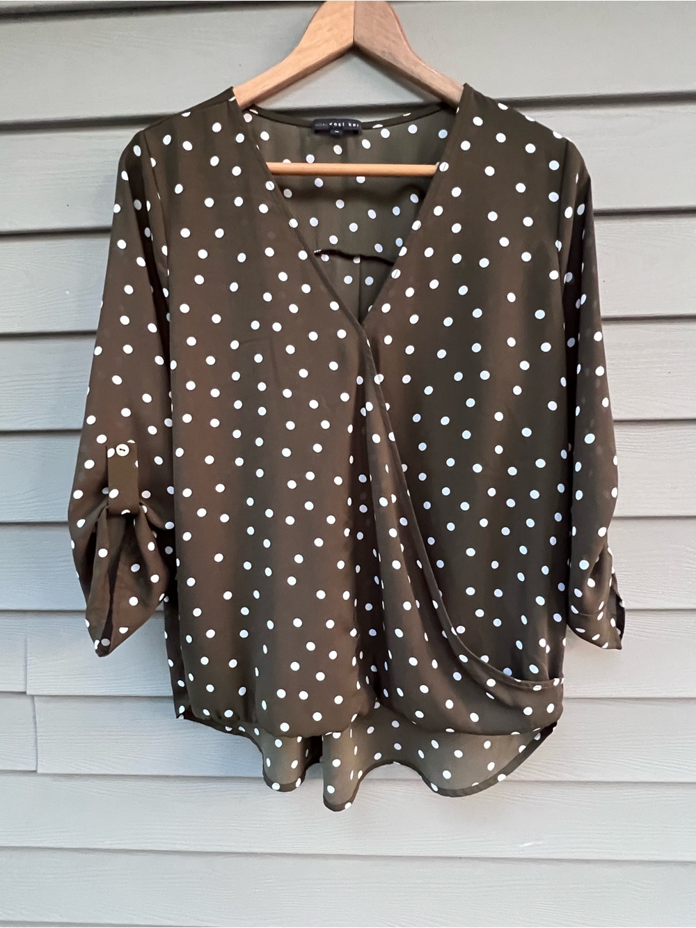 West Kei Polka Dot V-Neck Wrap Blouse - Olive with White Dots - Medium